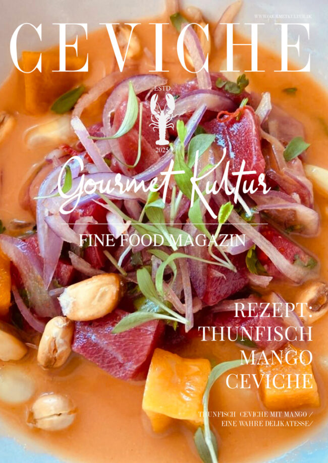 Thunfisch Ceviche mit Mango und Mojo rojo Ein Ceviche voller Kontraste – zart marinierter Thunfisch, süße Mango, knackige Nüsse und eine tiefrote Mojo-Sauce mit kanarischer Seele.